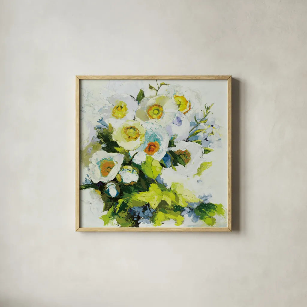 Poppies and Peonies Neutral by Shirley Novak. Shown in a natural wood glass frame for a timeless modern aesthetic. Available as an archival giclee rolled canvas, fine art paper, or poster print. SKU 91409a.