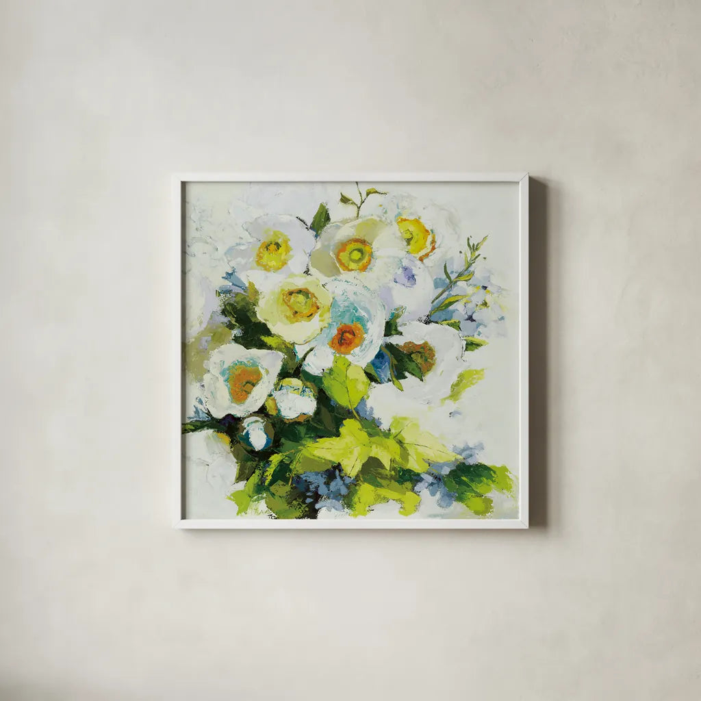 Poppies and Peonies Neutral by Shirley Novak. Shown in a crisp white glass frame for a clean and minimalist style. Available as an archival giclee rolled canvas, fine art paper, or poster print. SKU 91409a.