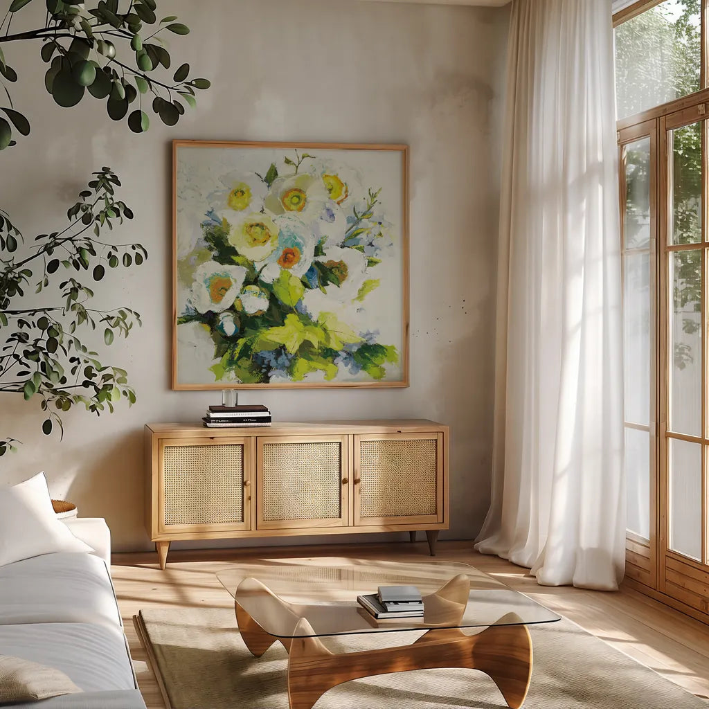 Poppies and Peonies Neutral by Shirley Novak. Shown in a natural wood frame in a cozy modern living room. Available as an archival giclee rolled canvas, fine art paper, or poster print. SKU 91409a.