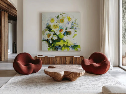 Poppies and Peonies Neutral by Shirley Novak. Shown as extra-large giant wall art in a modern living room. Available as an archival giclee rolled canvas, fine art paper, or poster print. SKU 91409a.