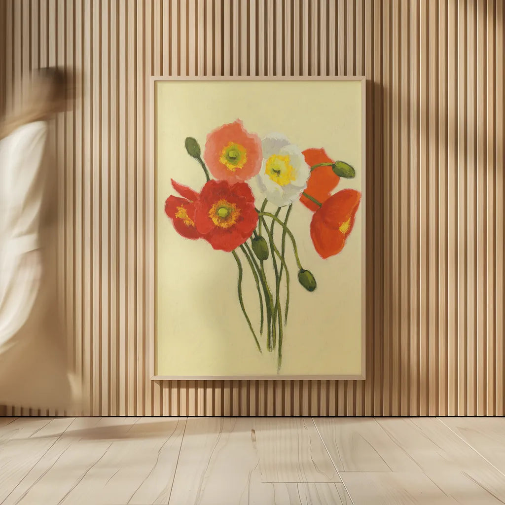 Poppy Nosegay I by Shirley Novak. shown as over sized large wall art. Available as an archival giclee rolled canvas, fine art paper, or poster print. SKU 45982h.