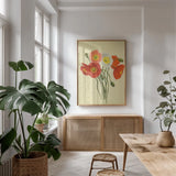 Poppy Nosegay I by Shirley Novak. shown as a print in a natural wood frame in a dining room. Available as a archival giclee rolled canvas, fine art paper, or poster print. SKU 45982h.