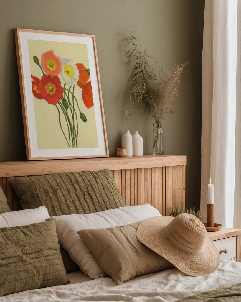 Poppy Nosegay I by Shirley Novak. shown as a paper print in a natural frame. Available as a archival giclee rolled canvas, fine art paper, or poster print. SKU 45982h.