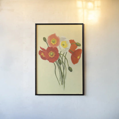 Poppy Nosegay I by Shirley Novak. shown as a paper print in a black flame. Available as a archival giclee rolled canvas, fine art paper, or poster print. SKU 45982h.