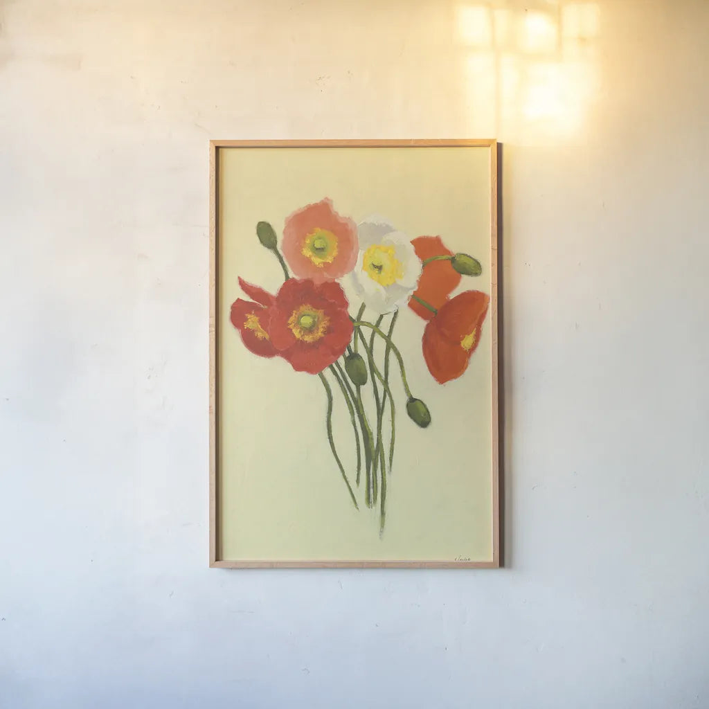 Poppy Nosegay I by Shirley Novak. shown as a paper print in a natural frame. Available as a archival giclee rolled canvas, fine art paper, or poster print. SKU 45982h.
