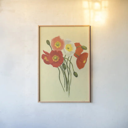 Poppy Nosegay I by Shirley Novak. shown as a paper print in a natural frame. Available as a archival giclee rolled canvas, fine art paper, or poster print. SKU 45982h.