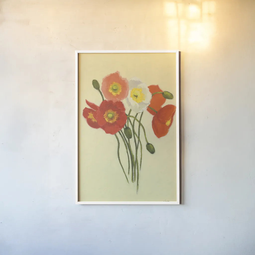 Poppy Nosegay I by Shirley Novak. shown as a paper print in a white frame. Available as a archival giclee rolled canvas, fine art paper, or poster print. SKU 45982h.