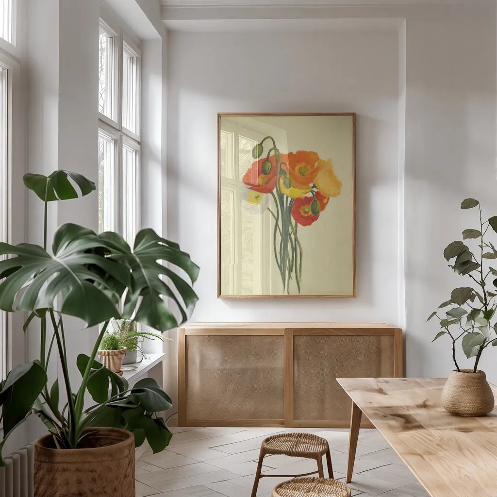 Poppy Nosegay II by Shirley Novak. shown as a print in a natural wood frame in a dining room. Available as a archival giclee rolled canvas, fine art paper, or poster print. SKU 45983h.
