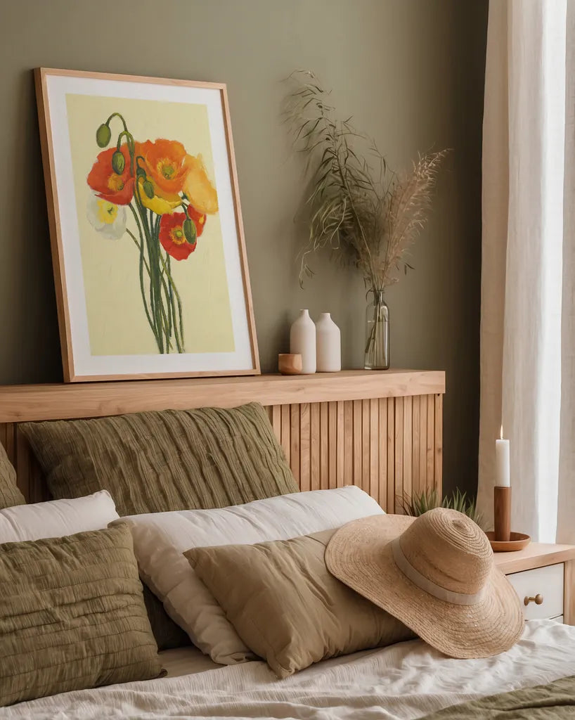 Poppy Nosegay II by Shirley Novak. shown as a paper print in a natural frame. Available as a archival giclee rolled canvas, fine art paper, or poster print. SKU 45983h.