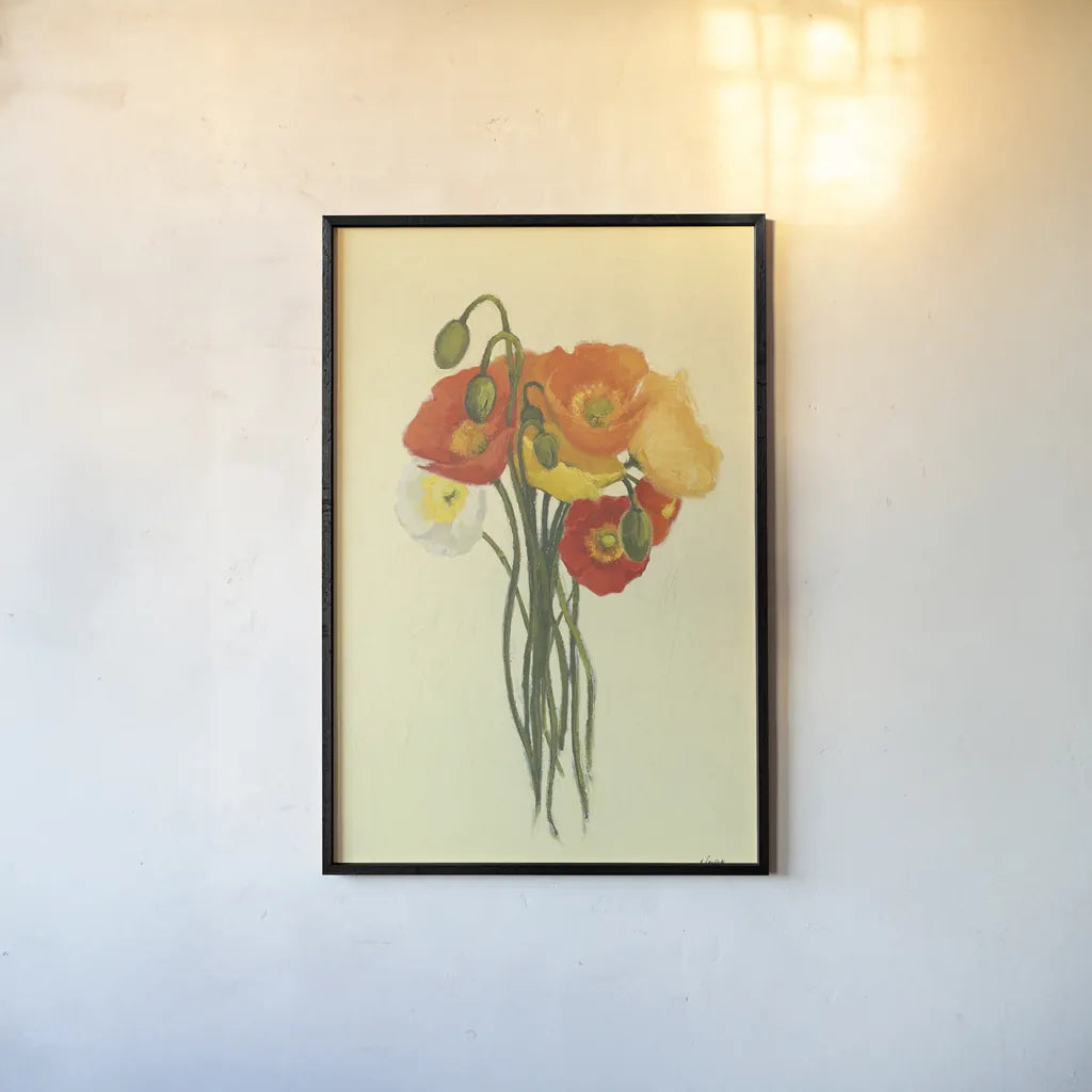 Poppy Nosegay II by Shirley Novak. shown as a paper print in a black flame. Available as a archival giclee rolled canvas, fine art paper, or poster print. SKU 45983h.