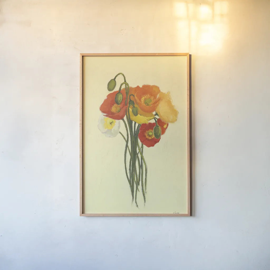 Poppy Nosegay II by Shirley Novak. shown as a paper print in a natural frame. Available as a archival giclee rolled canvas, fine art paper, or poster print. SKU 45983h.