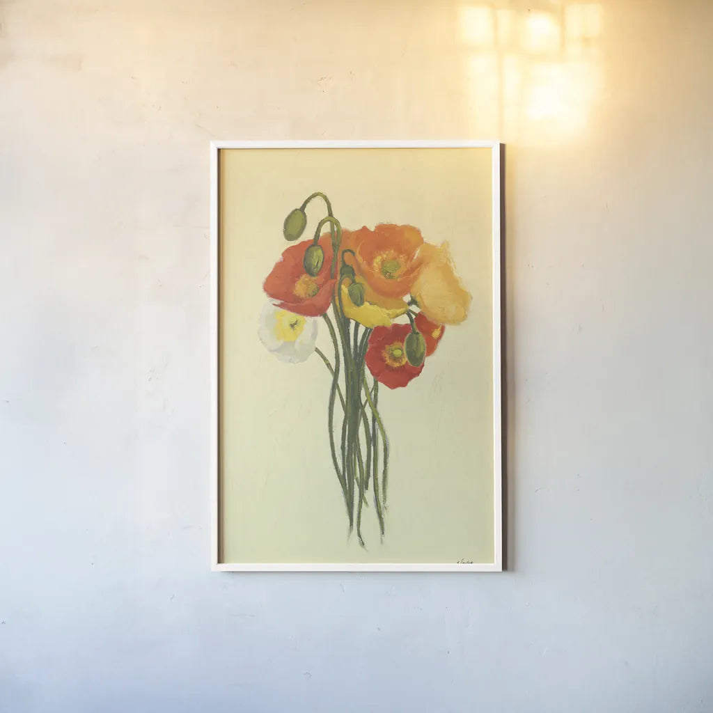 Poppy Nosegay II by Shirley Novak. shown as a paper print in a white frame. Available as a archival giclee rolled canvas, fine art paper, or poster print. SKU 45983h.