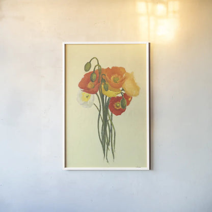 Poppy Nosegay II by Shirley Novak. shown as a paper print in a white frame. Available as a archival giclee rolled canvas, fine art paper, or poster print. SKU 45983h.