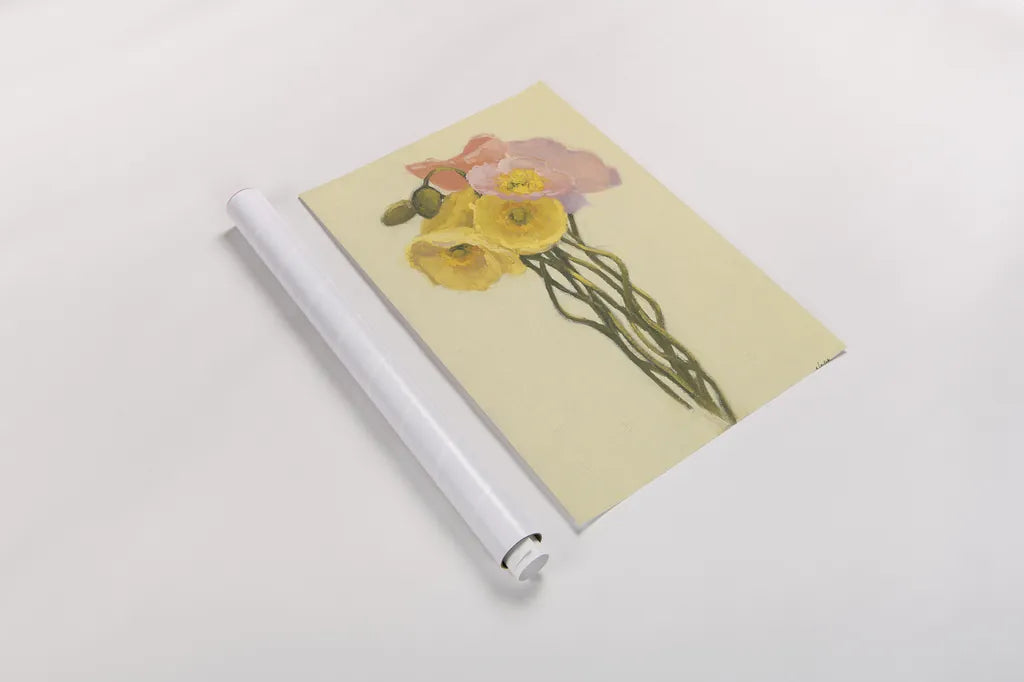 Poppy Nosegay III by Shirley Novak. shown as a rolled paper print. Available as archival giclee rolled canvas, fine art paper, or poster print. SKU 45984h.