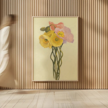 Poppy Nosegay III by Shirley Novak. shown as over sized large wall art. Available as an archival giclee rolled canvas, fine art paper, or poster print. SKU 45984h.
