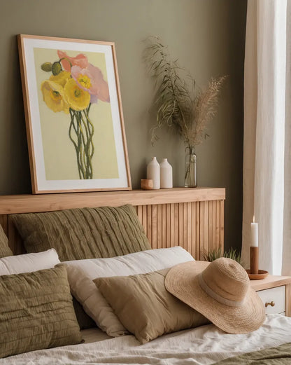 Poppy Nosegay III by Shirley Novak. shown as a paper print in a natural frame. Available as a archival giclee rolled canvas, fine art paper, or poster print. SKU 45984h.