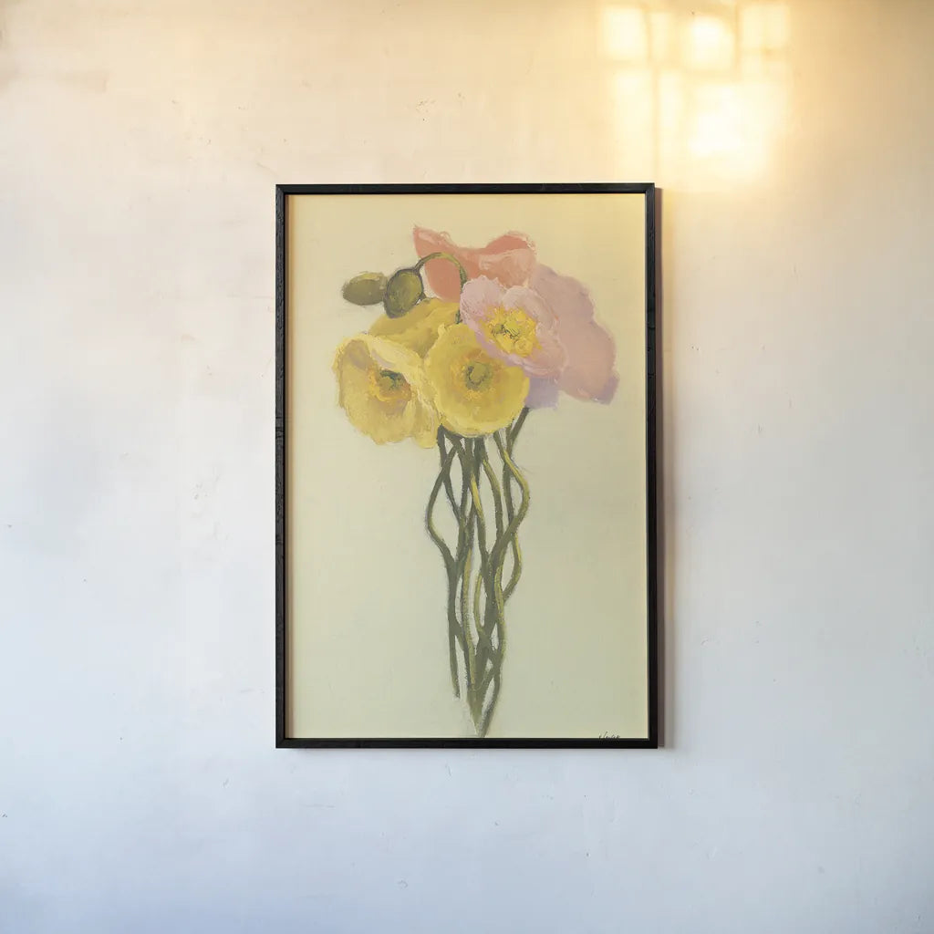 Poppy Nosegay III by Shirley Novak. shown as a paper print in a black flame. Available as a archival giclee rolled canvas, fine art paper, or poster print. SKU 45984h.