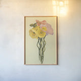 Poppy Nosegay III by Shirley Novak. shown as a paper print in a natural frame. Available as a archival giclee rolled canvas, fine art paper, or poster print. SKU 45984h.