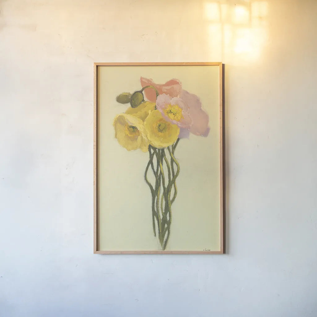 Poppy Nosegay III by Shirley Novak. shown as a paper print in a natural frame. Available as a archival giclee rolled canvas, fine art paper, or poster print. SKU 45984h.