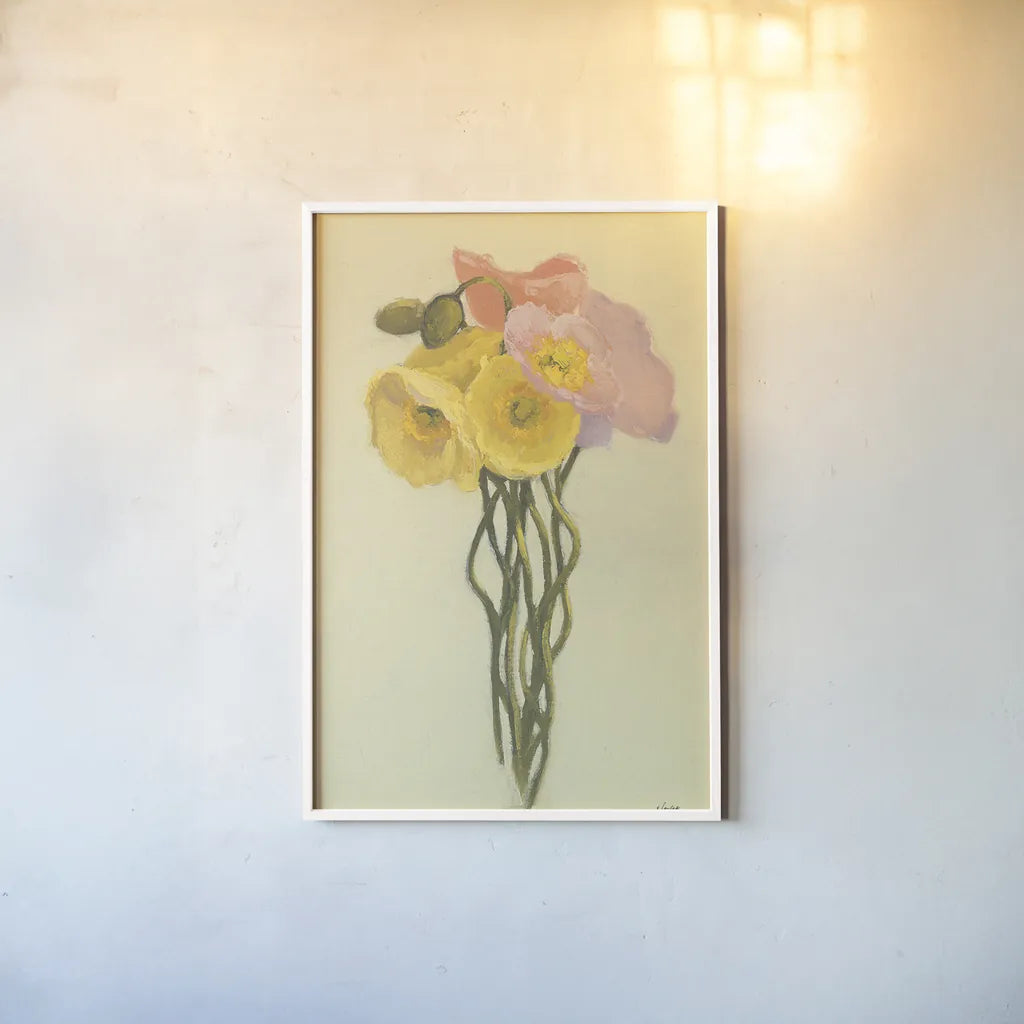 Poppy Nosegay III by Shirley Novak. shown as a paper print in a white frame. Available as a archival giclee rolled canvas, fine art paper, or poster print. SKU 45984h.