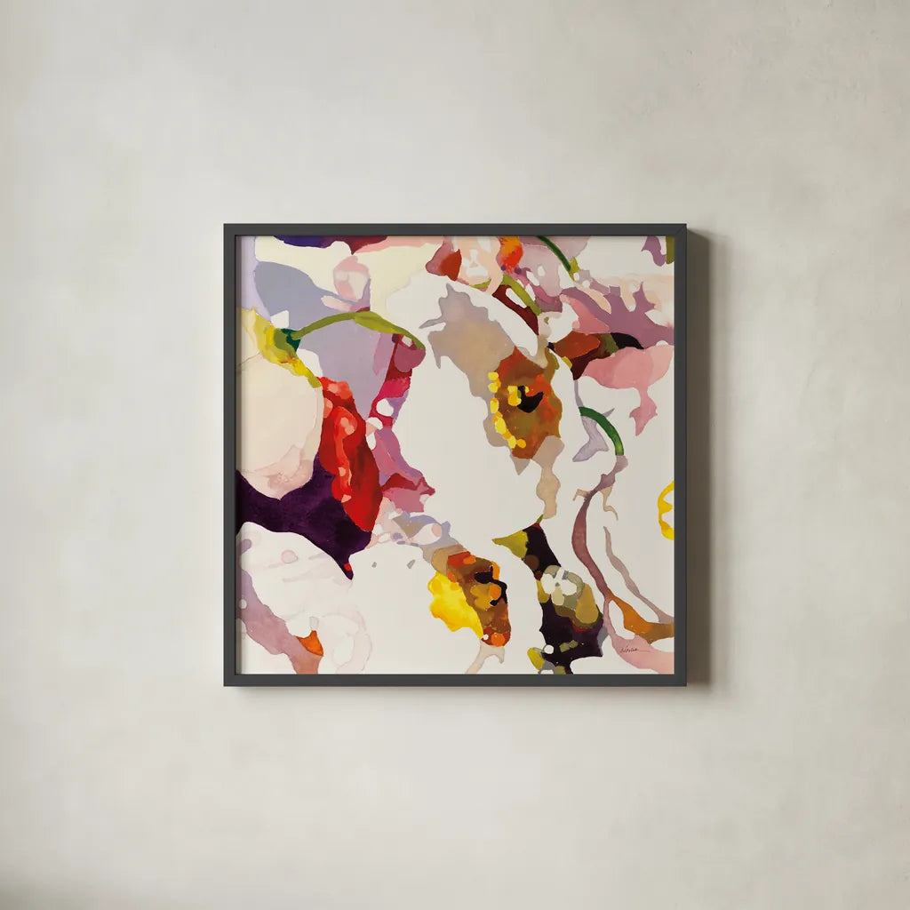 Poppy Patterns I by Shirley Novak. Shown in a sleek black glass frame for a contemporary gallery look. Available as an archival giclee rolled canvas, fine art paper, or poster print. SKU 88679a.