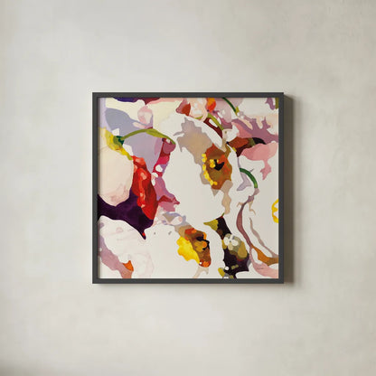 Poppy Patterns I by Shirley Novak. Shown in a sleek black glass frame for a contemporary gallery look. Available as an archival giclee rolled canvas, fine art paper, or poster print. SKU 88679a.