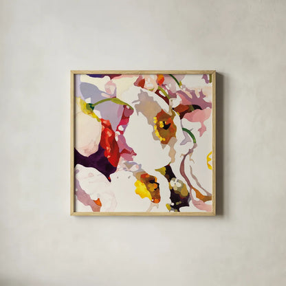 Poppy Patterns I by Shirley Novak. Shown in a natural wood glass frame for a timeless modern aesthetic. Available as an archival giclee rolled canvas, fine art paper, or poster print. SKU 88679a.