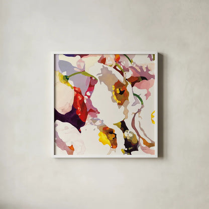 Poppy Patterns I by Shirley Novak. Shown in a crisp white glass frame for a clean and minimalist style. Available as an archival giclee rolled canvas, fine art paper, or poster print. SKU 88679a.