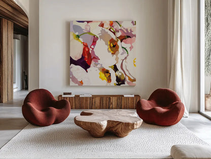 Poppy Patterns I by Shirley Novak. Shown as extra-large giant wall art in a modern living room. Available as an archival giclee rolled canvas, fine art paper, or poster print. SKU 88679a.