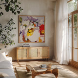 Poppy Patterns II by Shirley Novak. Shown in a natural wood frame in a cozy modern living room. Available as an archival giclee rolled canvas, fine art paper, or poster print. SKU 88680a.