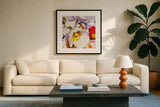 Poppy Patterns II by Shirley Novak. Displayed in a glass frame with matte in a clean modern living room. Available as an archival giclee rolled canvas, fine art paper, or poster print. SKU 88680a.