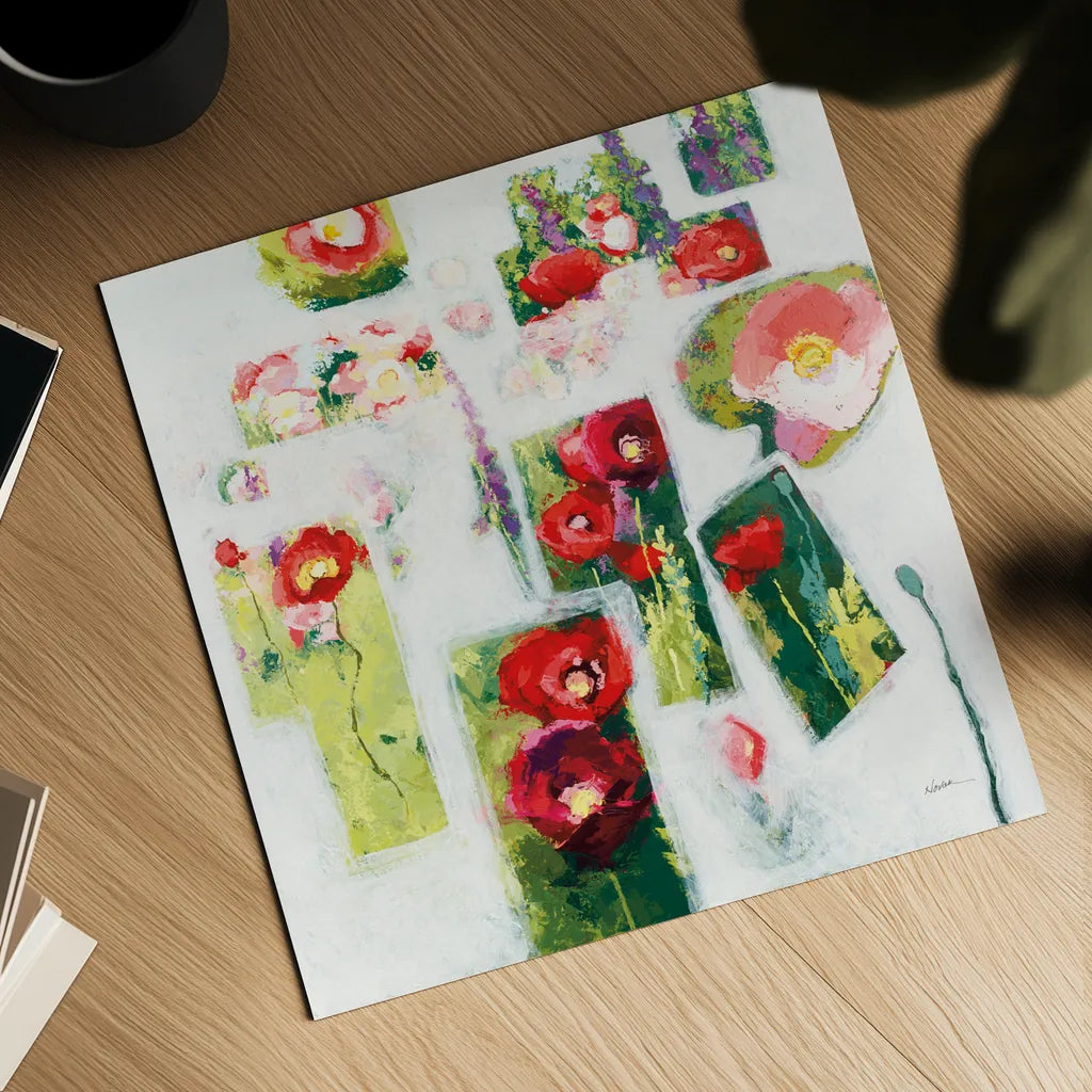 Postcards from my Poppy Garden by Shirley Novak. Shown as a detailed flat fine art print, highlighting archival giclee quality. Available as an archival giclee rolled canvas, fine art paper, or poster print. SKU 93004a.