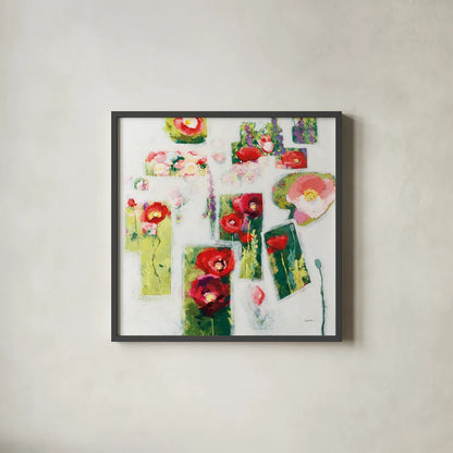 Postcards from my Poppy Garden by Shirley Novak. Shown in a sleek black glass frame for a contemporary gallery look. Available as an archival giclee rolled canvas, fine art paper, or poster print. SKU 93004a.