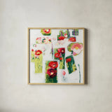 Postcards from my Poppy Garden by Shirley Novak. Shown in a natural wood glass frame for a timeless modern aesthetic. Available as an archival giclee rolled canvas, fine art paper, or poster print. SKU 93004a.