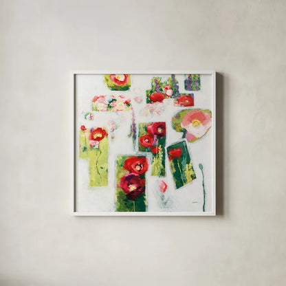 Postcards from my Poppy Garden by Shirley Novak. Shown in a crisp white glass frame for a clean and minimalist style. Available as an archival giclee rolled canvas, fine art paper, or poster print. SKU 93004a.