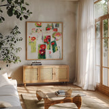 Postcards from my Poppy Garden by Shirley Novak. Shown in a natural wood frame in a cozy modern living room. Available as an archival giclee rolled canvas, fine art paper, or poster print. SKU 93004a.