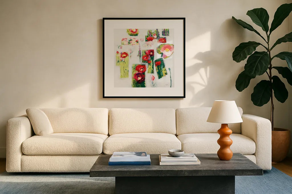 Postcards from my Poppy Garden by Shirley Novak. Displayed in a glass frame with matte in a clean modern living room. Available as an archival giclee rolled canvas, fine art paper, or poster print. SKU 93004a.