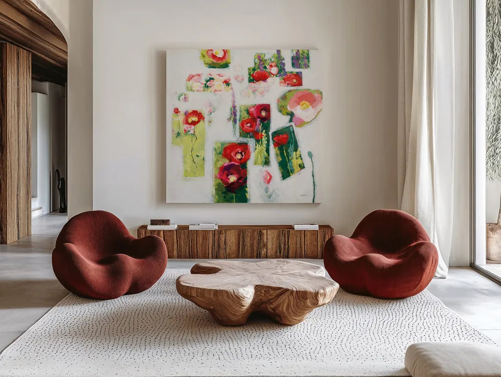 Postcards from my Poppy Garden by Shirley Novak. Shown as extra-large giant wall art in a modern living room. Available as an archival giclee rolled canvas, fine art paper, or poster print. SKU 93004a.