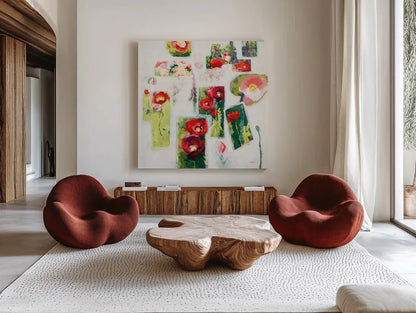 Postcards from my Poppy Garden by Shirley Novak. Shown as extra-large giant wall art in a modern living room. Available as an archival giclee rolled canvas, fine art paper, or poster print. SKU 93004a.