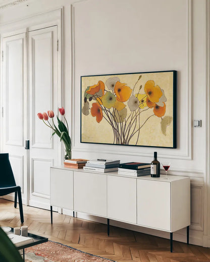 Pumpkin Poppies I by Shirley Novak. shown as a framed stretched canvas in a living room above a console. Available as a archival giclee rolled canvas, fine art paper, or poster print. SKU 4679i.