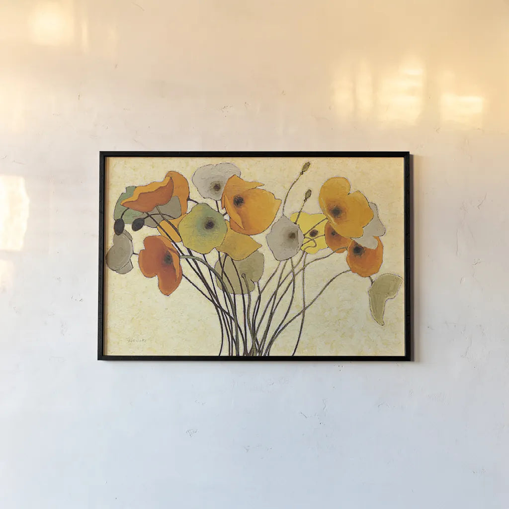 Pumpkin Poppies I by Shirley Novak. shown as a paper print in a black flame. Available as a archival giclee rolled canvas, fine art paper, or poster print. SKU 4679i.