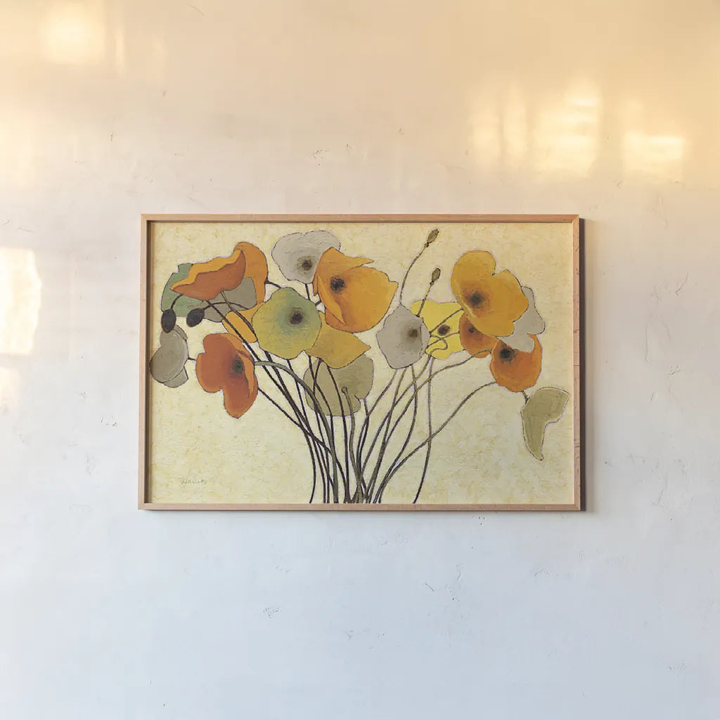 Pumpkin Poppies I by Shirley Novak. shown as a paper print in a natural frame. Available as a archival giclee rolled canvas, fine art paper, or poster print. SKU 4679i.