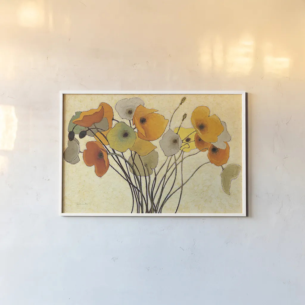 Pumpkin Poppies I by Shirley Novak. shown as a paper print in a white frame. Available as a archival giclee rolled canvas, fine art paper, or poster print. SKU 4679i.