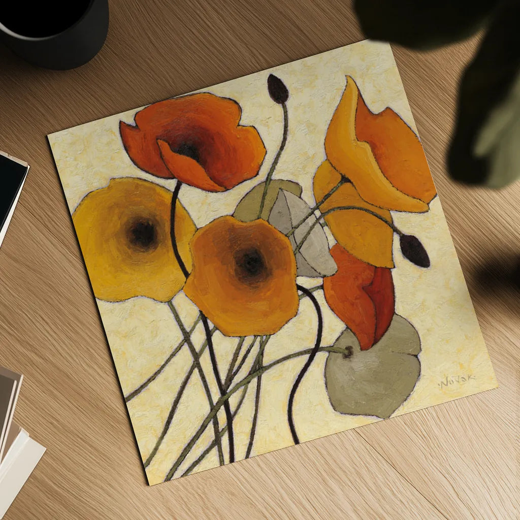 Pumpkin Poppies II by Shirley Novak. Shown as a detailed flat fine art print, highlighting archival giclee quality. Available as an archival giclee rolled canvas, fine art paper, or poster print. SKU 4680a.