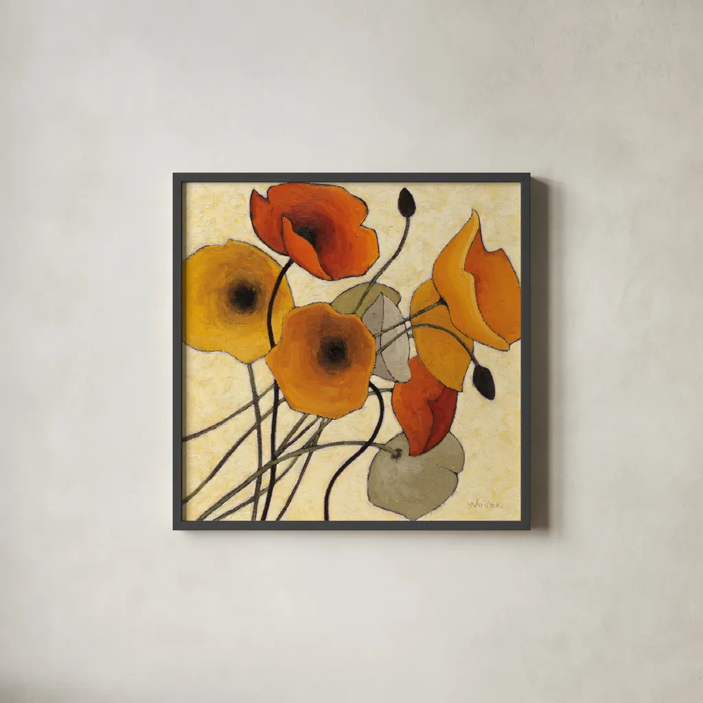 Pumpkin Poppies II by Shirley Novak. Shown in a sleek black glass frame for a contemporary gallery look. Available as an archival giclee rolled canvas, fine art paper, or poster print. SKU 4680a.