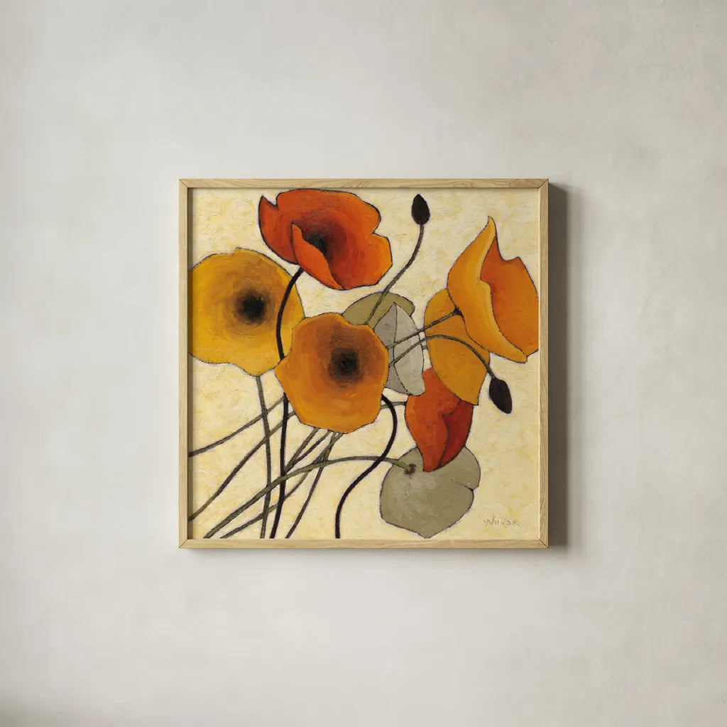 Pumpkin Poppies II by Shirley Novak. Shown in a natural wood glass frame for a timeless modern aesthetic. Available as an archival giclee rolled canvas, fine art paper, or poster print. SKU 4680a.