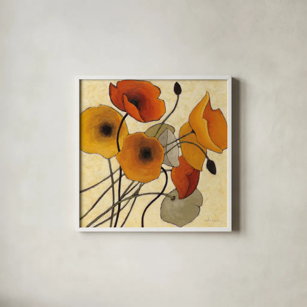 Pumpkin Poppies II by Shirley Novak. Shown in a crisp white glass frame for a clean and minimalist style. Available as an archival giclee rolled canvas, fine art paper, or poster print. SKU 4680a.