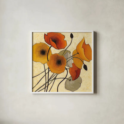 Pumpkin Poppies II by Shirley Novak. Shown in a crisp white glass frame for a clean and minimalist style. Available as an archival giclee rolled canvas, fine art paper, or poster print. SKU 4680a.