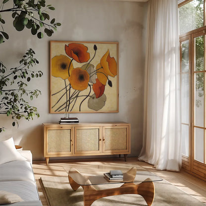 Pumpkin Poppies II by Shirley Novak. Shown in a natural wood frame in a cozy modern living room. Available as an archival giclee rolled canvas, fine art paper, or poster print. SKU 4680a.