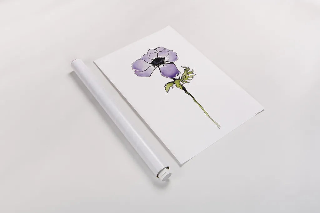 Purple Anemone I by Shirley Novak. shown as a rolled paper print. Available as archival giclee rolled canvas, fine art paper, or poster print. SKU 88452h.